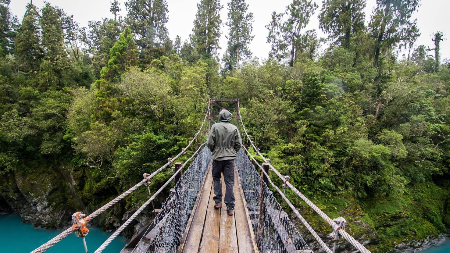person walking across a New Zealand bridge over a canyon
